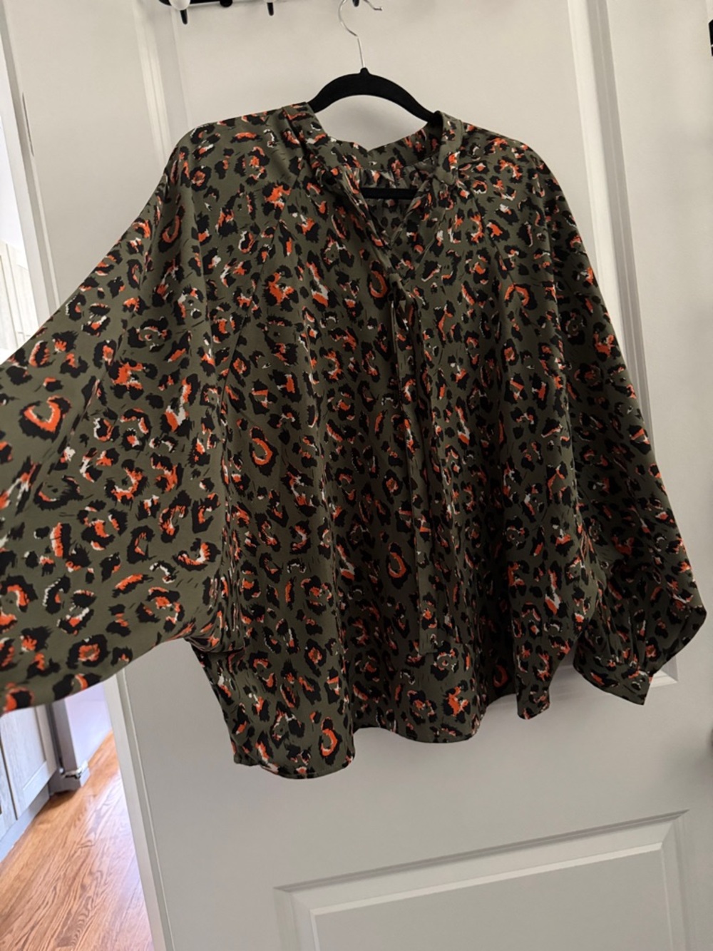 SHEIN Olive Green Leopard Print Blouse with Orange Accents